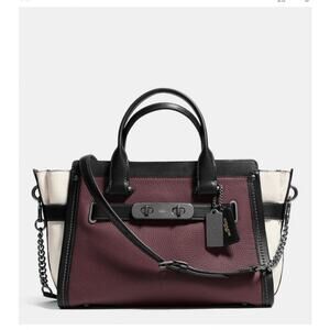 Coach Swagger Colorblock Burgundy White Pebbled Leather Carryall Purse Bag